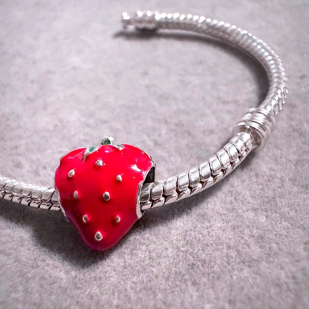 Red Strawberry Charm Bead Enamel Crystal Silver Tone For Pandora Bracelet Women - Picture 4 of 8